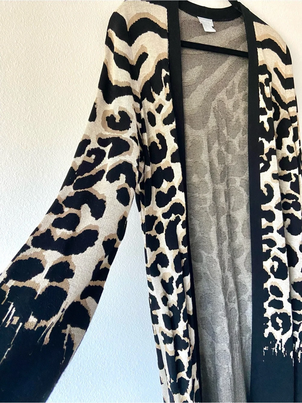 Chico’s Animal Print Open Front Long Cardigan Sweater Size 2 (US L) Black Beige